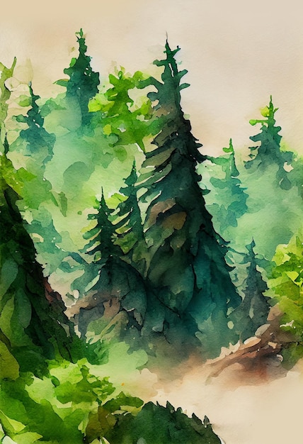 Sfondo della foresta di pini in montagna Pittura ad acquerello Paesaggio Immagine Pittura arte Colore verde e fresco