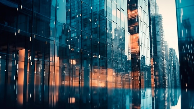 Sfondo della futura architettura urbana e aziendale Idea immobiliare con sfocatura movimento bokeh e riflesso in un pannello di vetro di una facciata di grattacielo Generativo ai