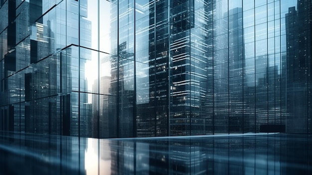 Sfondo della futura architettura urbana e aziendale Idea immobiliare con sfocatura movimento bokeh e riflesso in un pannello di vetro di una facciata grattacielo