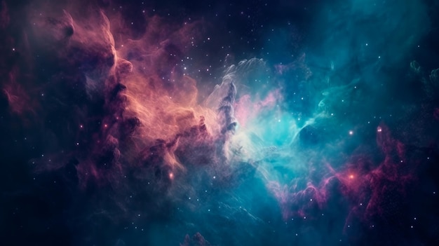 Sfondo della galassia della nebulosa con le nuvole del cosmo dello spazio esterno blu viola e l'IA generativa delle stelle notturne dell'universo