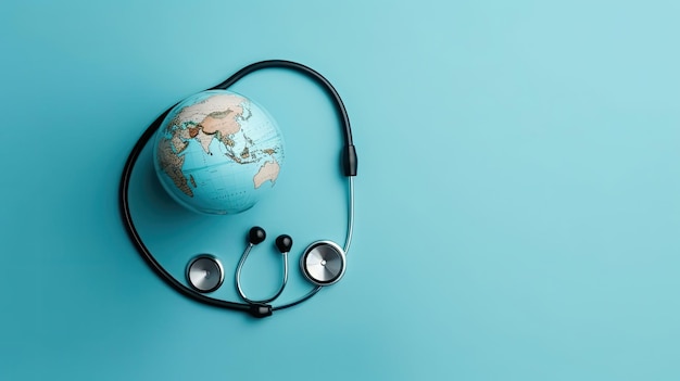 Sfondo della Giornata mondiale della salute con stetoscopio e terra in miniatura su sfondo blu