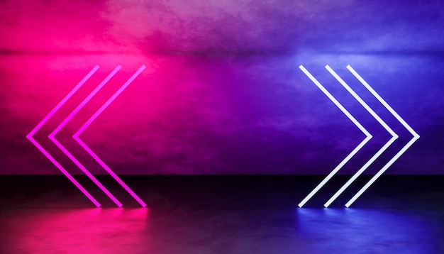 Sfondo della parete con effetto di illuminazione al neon a freccia rosa viola e blu luci incandescenti per la pubblicità del prodotto di testo e il rendering 3d del design dello sfondo