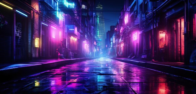 Sfondo della scena stradale urbana illuminata al neon IA generativa