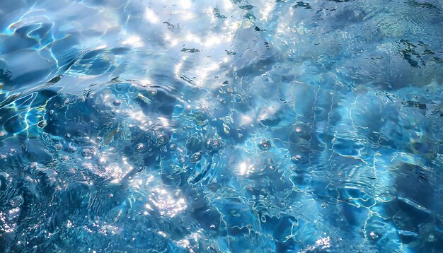 sfondo della superficie dell'acqua marina blu con raggi solari e flare delle lenti