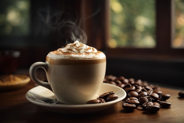 sfondo della tazza di caffè espressocapsula con macchina per caffè espresso sul tavolo di legno fotografia reale