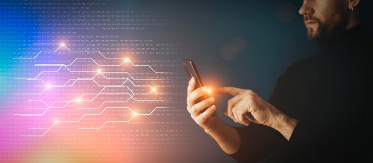 Sfondo della tecnologia dei big data Utilizzo di uno smartphone sullo sfondo della visualizzazione