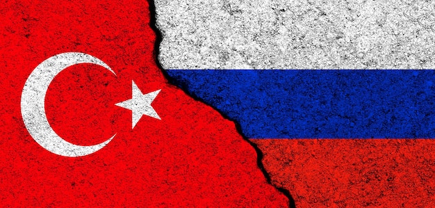 Sfondo delle bandiere di Russia e Turchia Diplomazia e conflitto politico e concorrenza partenariato e concetto di cooperazione foto