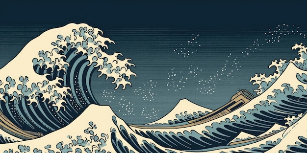Sfondo delle onde dell'oceano del mare mosso in stile Hokusai