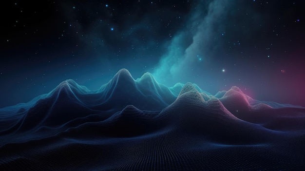 Sfondo dello spazio di montagna astratto 3D con paesaggio wireframe e cielo della nebulosa della galassia Generativo AI AIG21