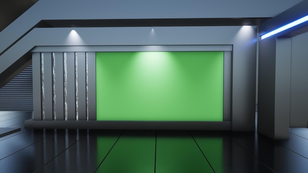 Sfondo dello studio di notizie per i programmi TV TV su Wall3D Illustrazione virtuale del fondo dello studio di notizie 3d