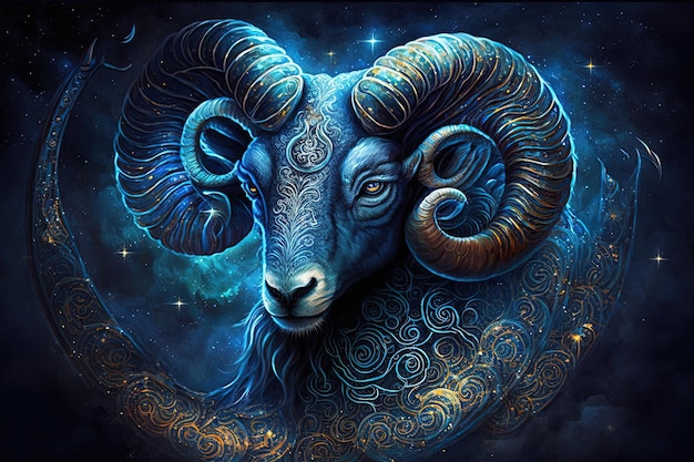 Sfondo dello zodiaco sacro Ariete simboli astrologia alchimia magia stregoneria e indovino pittura digitale AI generativa Segno zodiacale Ariete sul cielo stellato primo piano