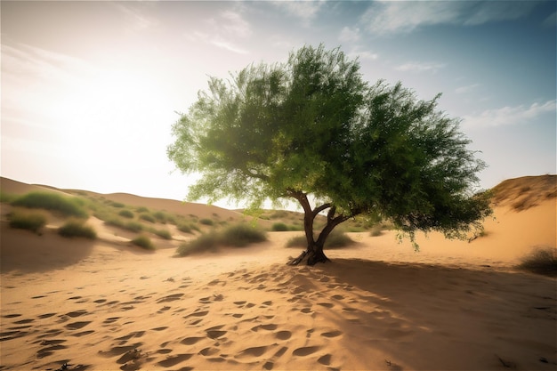 Sfondo di albero sotto il sole Grande albero in piedi nel grande deserto di sabbia sotto un cielo blu