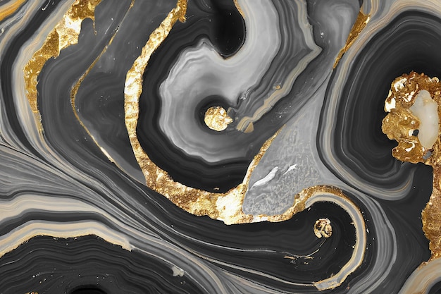 Sfondo di arte astratta con una texture fluida in marmo nero e oro Splendida illustrazione 3D opere d'arte astratte di lusso con tecnica di inchiostro ad alcool Modello di ricciolo di onde dorate lucide su sfondo nero