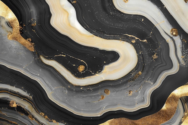 Sfondo di arte astratta con una texture fluida in marmo nero e oro Splendida illustrazione 3D opere d'arte astratte di lusso con tecnica di inchiostro ad alcool Modello di ricciolo di onde dorate lucide su sfondo nero