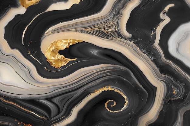 Sfondo di arte astratta con una texture fluida in marmo nero e oro Splendida illustrazione 3D opere d'arte astratte di lusso con tecnica di inchiostro ad alcool Modello di ricciolo di onde dorate lucide su sfondo nero