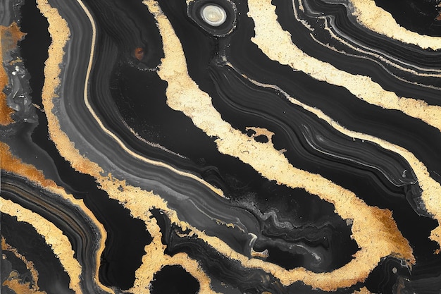 Sfondo di arte astratta con una texture fluida in marmo nero e oro Splendida illustrazione 3D opere d'arte astratte di lusso con tecnica di inchiostro ad alcool Modello di ricciolo di onde dorate lucide su sfondo nero