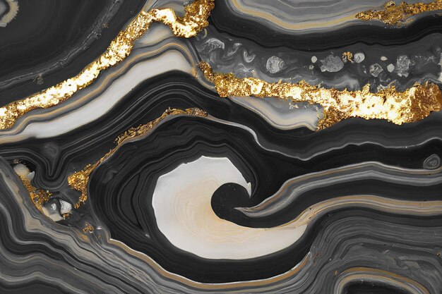 Sfondo di arte astratta con una texture fluida in marmo nero e oro Splendida illustrazione 3D opere d'arte astratte di lusso con tecnica di inchiostro ad alcool Modello di ricciolo di onde dorate lucide su sfondo nero