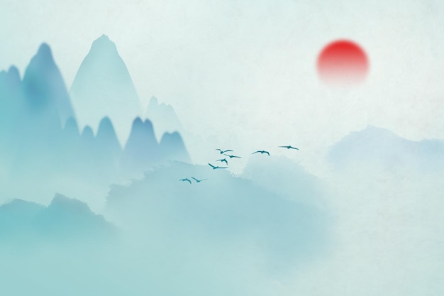 Sfondo di arte della pittura a inchiostro cinese con vista del paesaggio della montagna e della nebbia nebbiosa