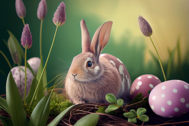Sfondo di auguri di buona Pasqua con uova colorate e coniglietto AI generativa