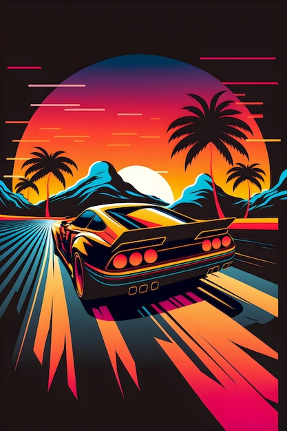 Sfondo di auto e città Disegnato a mano Futuro stile illustartion synthwave e stile retrò