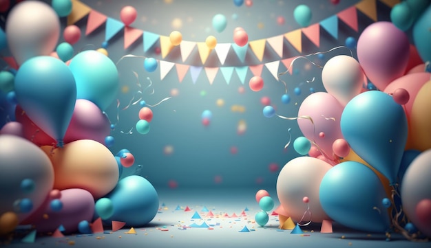 Sfondo di buon compleanno con palloncini Illustrazione AI GenerativexD