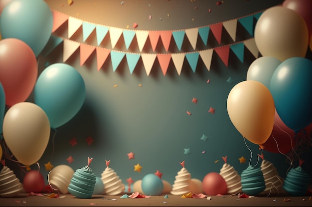 Sfondo di buon compleanno con palloncini Illustrazione AI GenerativexD