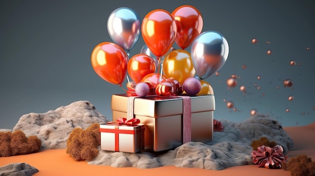 Sfondo di buon compleanno e confezione regalo e ornamento di palloncini realistici con nastro IA generativa