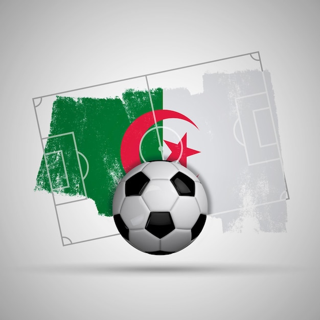 Sfondo di calcio bandiera Algeria con campo da calcio bandiera grunge e pallone da calcio