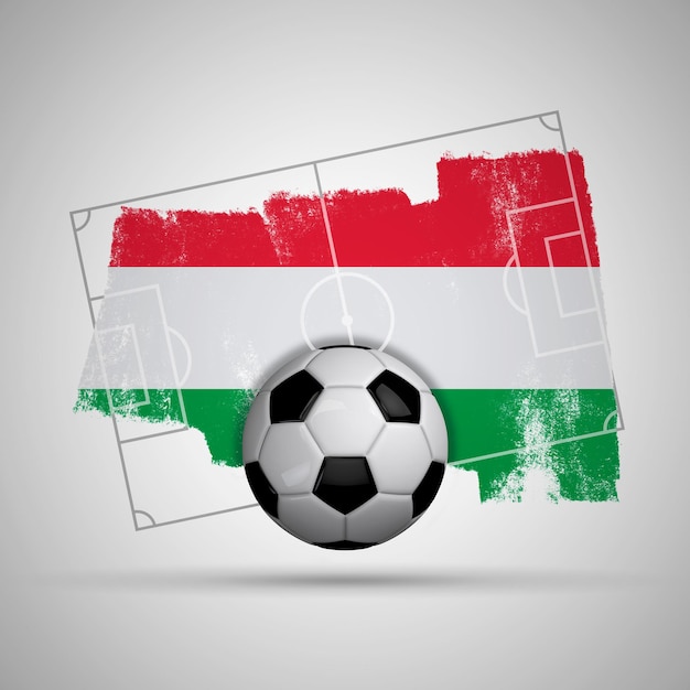 Sfondo di calcio bandiera Ungheria con campo da calcio bandiera grunge e pallone da calcio