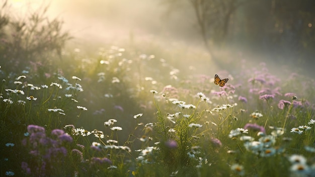 Sfondo di camomilla di fiori di campo e pisello selvatico viola con luce solare Immagine AI generativa