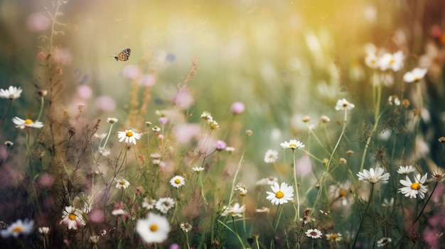 Sfondo di camomilla di fiori di campo e pisello selvatico viola con luce solare Immagine AI generativa