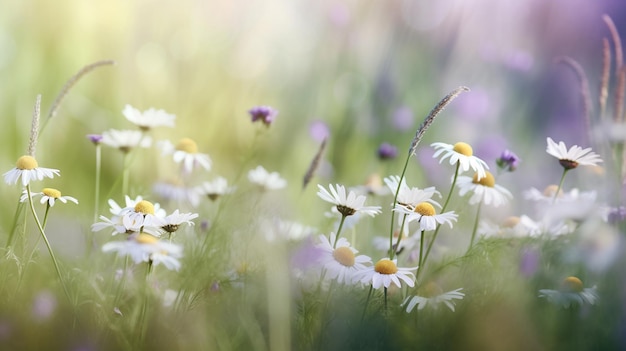 Sfondo di camomilla di fiori di campo e pisello selvatico viola con luce solare Immagine AI generativa