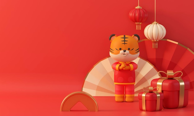 sfondo di capodanno cinese con personaggio dei cartoni animati di tigre carino 3d