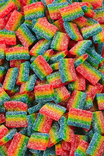 Sfondo di caramelle gommose succose arcobaleno Vista dall'alto Dolci di gelatina