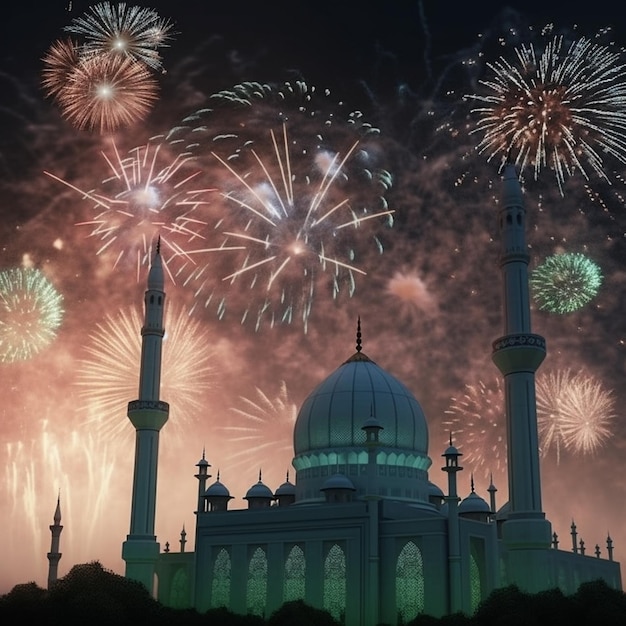 Sfondo di celebrazione con una moschea e fuochi d'artificio nel cielo notturno Concetto di celebrazione dell'Eid