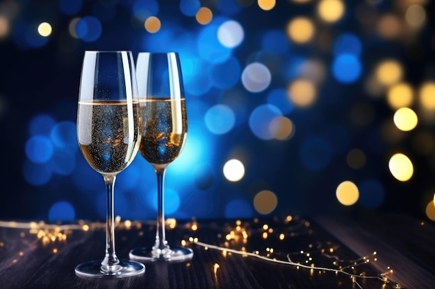 Sfondo di celebrazione di Capodanno con champagne Illustrazione AI generativa blu bokeh