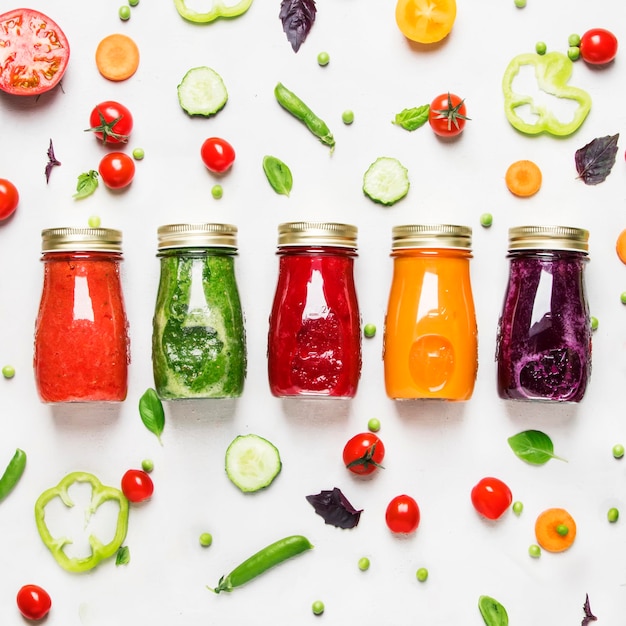 Sfondo di cibi e bevande Succhi e frullati vegetali vegani colorati in bottiglie su sfondo bianco vista dall'alto