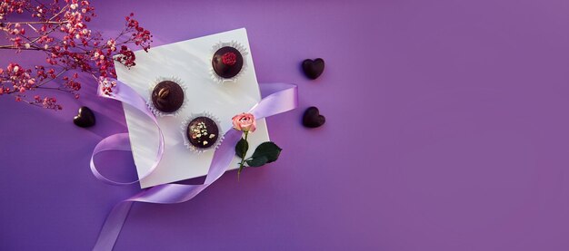 Sfondo di cioccolato viola caramelle vista dall'alto con ombre e gypsophila Banner extra largo