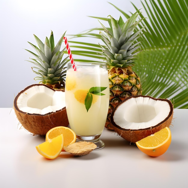 sfondo di cocktail di frutta tropicale con ananas e cocco