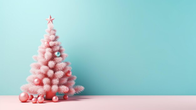 Sfondo di colore rosa e blu chiaro con albero di Capodanno, Natale e feste felici