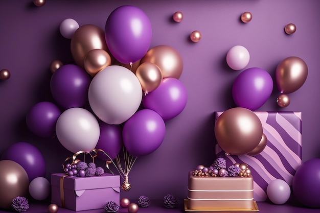 Sfondo di compleanno con palloncini e regali tema colore viola Ai generato