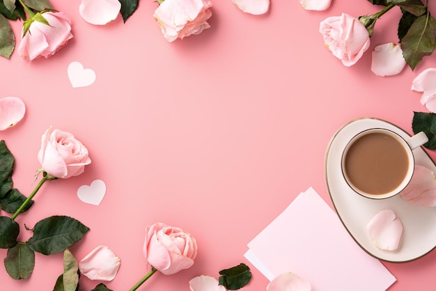 Sfondo di concetto di design di San Valentino con fiore rosa rosa e tè al latte su sfondo rosa tavolo