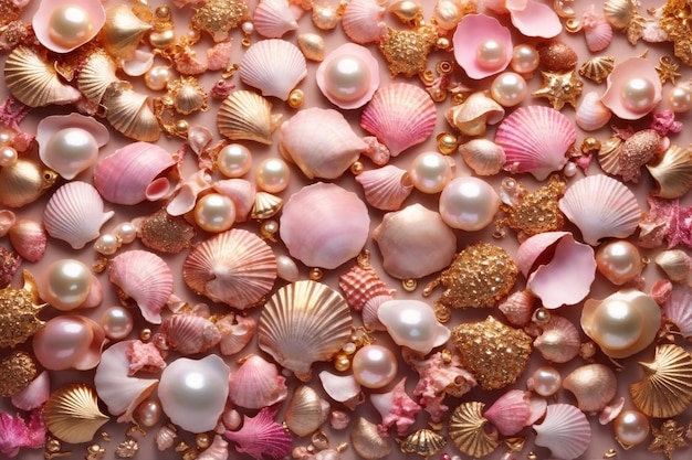 Sfondo di conchiglie di perle in oro rosa Sfondo di conchiglie di perle Sfondo di perle dorate Sfondo di conchiglie Sfondo di conchiglie AI generativo