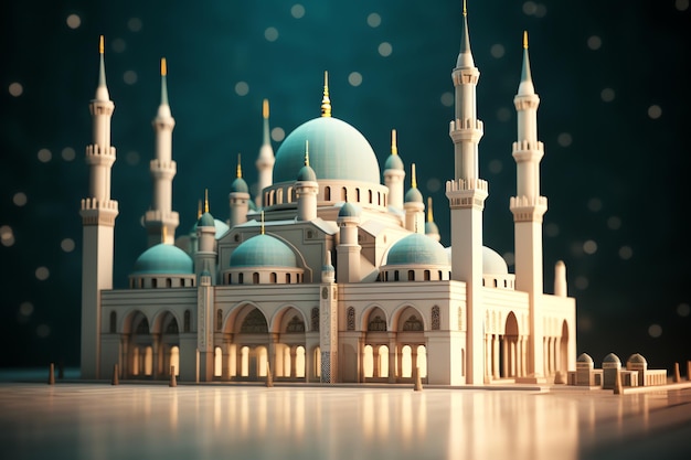 Sfondo di decorazione islamica con bella moschea in stile cartone animato ramadan kareem mawlid iftar isra miraj eid al fitr adha muharram copia spazio area di testo illustrazione 3D