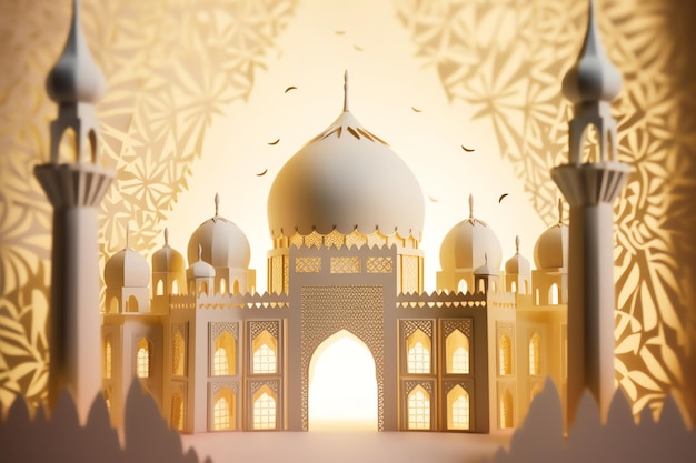 Sfondo di decorazione islamica con bella moschea in stile cartone animato ramadan kareem mawlid iftar isra miraj eid al fitr adha muharram copia spazio area di testo illustrazione 3D