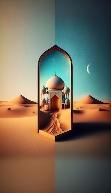 Sfondo di decorazione islamica con bella moschea in stile cartone animato ramadan kareem mawlid iftar isra miraj eid al fitr adha muharram copia spazio area di testo illustrazione 3D