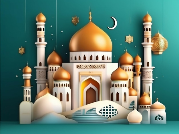 sfondo di decorazione islamica con cartone animato moschea ramadan kareem mawlid iftar isra miraj eid al