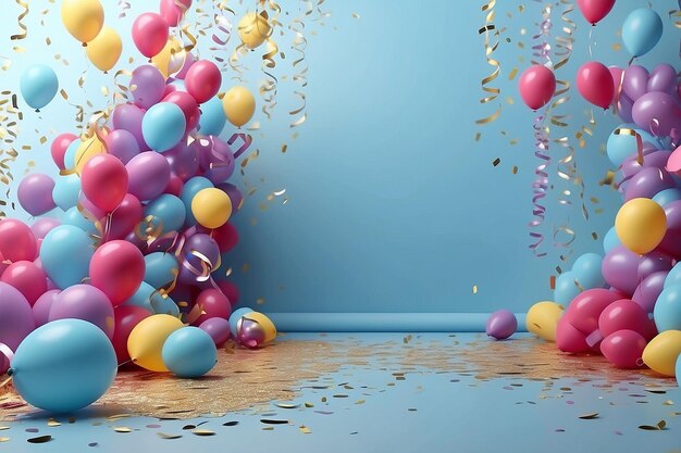 sfondo di festa con palloncini streamers e confetti su sfondo blu pastello