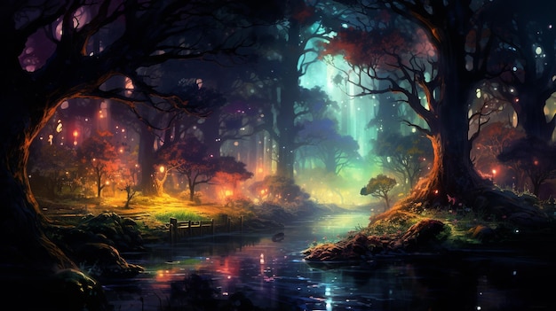 sfondo di fiaba della foresta di fantasia con illuminazione colorata scena di paesaggio da sogno AI generativa