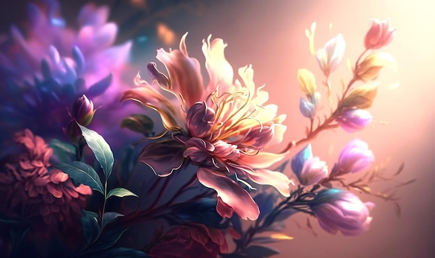 Sfondo di fiori primaverili con effetto acquerello con pennellate morbide e colori pastello